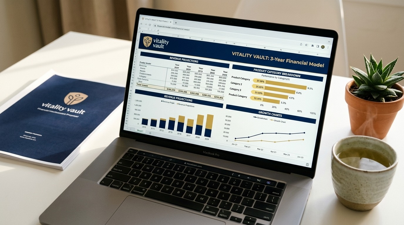 Vitality Vault financial model and revenue projections displayed on MacBook with branded proposal document