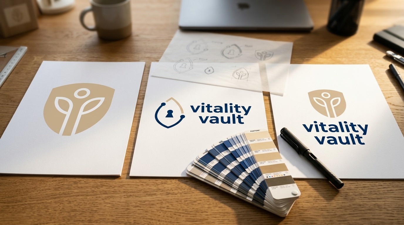 Three Vitality Vault logo concept boards on oak desk with Pantone swatches showing navy and sand palette
