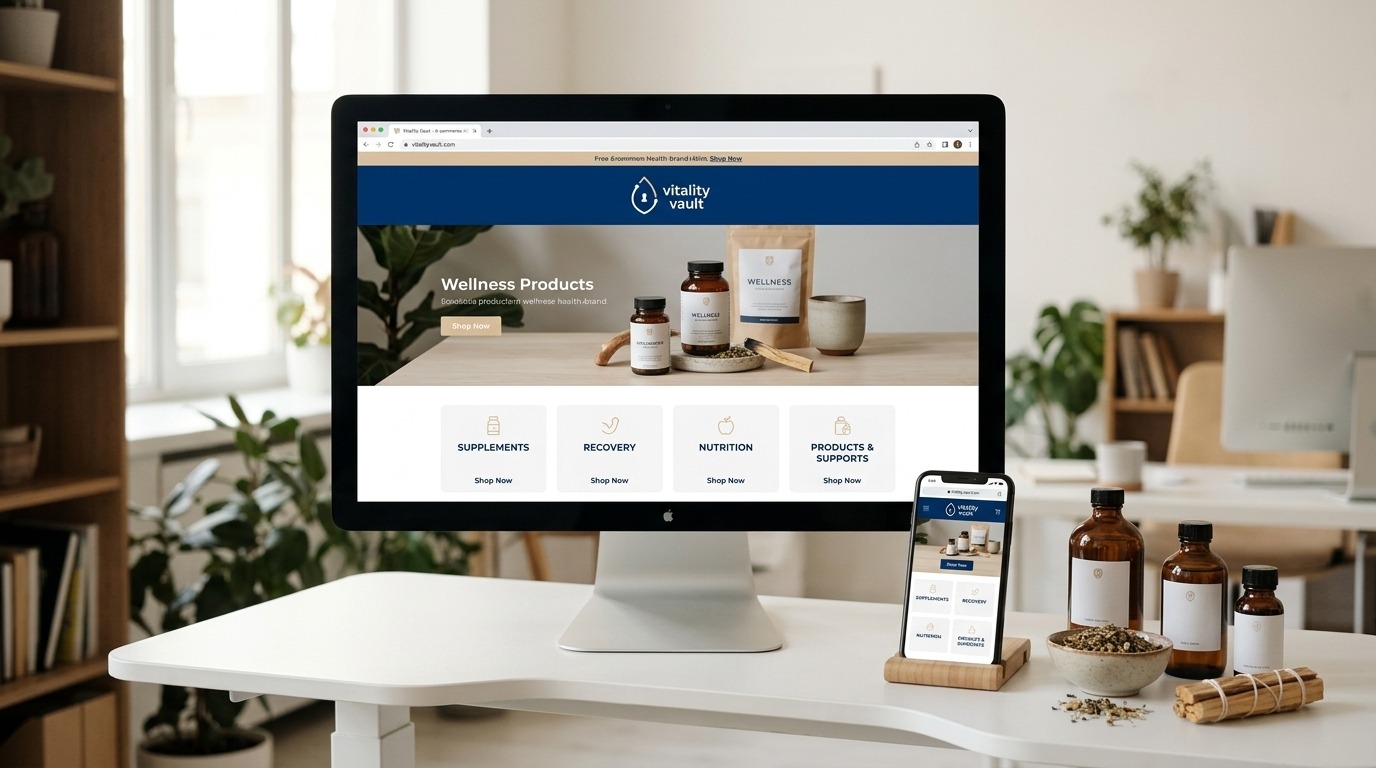 Vitality Vault e-commerce website displayed on desktop monitor with mobile view and wellness products